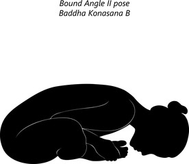 Silhouette of woman doing yoga Baddha Konasana B. Bound Angle 2 pose. Extended Bound Angle pose. Intermediate Difficulty. Isolated vector illustration