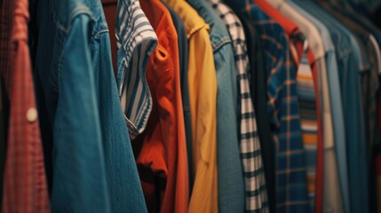 Various shirts hanging on a rack. Suitable for clothing store advertisements or fashion-related articles