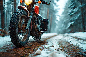 Front view of an orange motorcycle with travel bags standing in a rut on a snowy forest path on a winter cloudy day