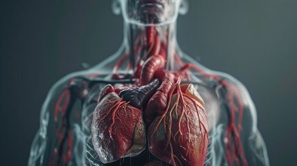 A detailed model of the human body with a visible heart and lungs. Suitable for educational purposes or medical presentations
