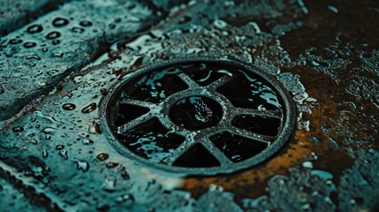 A close-up image of a drain with water on it. This versatile picture can be used to depict concepts such as plumbing, drainage systems, water conservation, or urban infrastructure