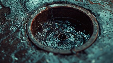 Water flowing out of a drain. Can be used to depict drainage systems, plumbing, or water conservation