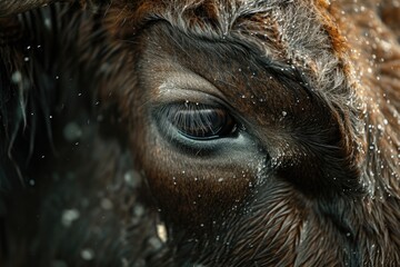A close up of a horse's eye with snow in the background. Suitable for winter-themed projects