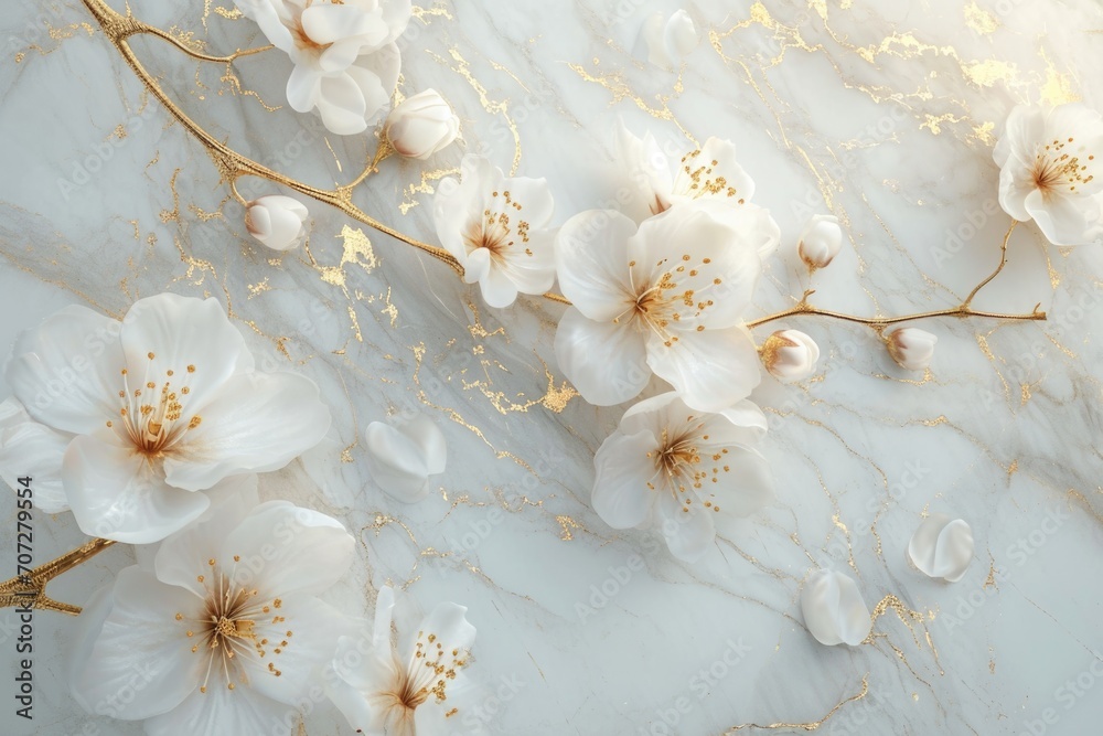 Poster Beautiful close-up of flowers on a smooth marble surface. Perfect for adding a touch of elegance to any design or project