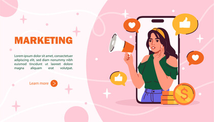 Social media marketing poster. Woman with loudspeaker at smartphone screen. Promotion on social networks and messenger. Marketer with online advertising. Cartoon flat vector illustration