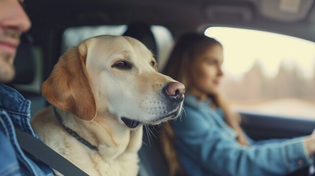 A dog is seen sitting in the driver's seat of a car. This image can be used to depict a humorous or unexpected situation involving pets and vehicles