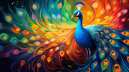 Vibrant flamboyant peacock with regal feathers - obrazy, fototapety, plakaty