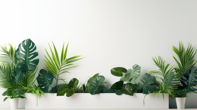 the vibrant green leaves of a tropical plants bush arranged indoors, a minimalist modern style against a white background, accentuating the natural beauty of the foliage.