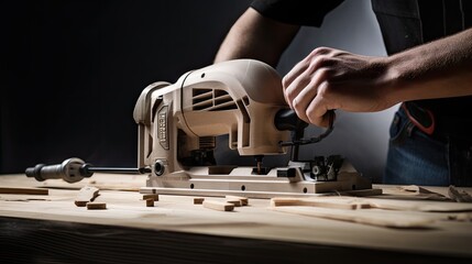 a close-up on the hand of an unknown carpenter working with an electric jigsaw, cutting wood, focusing on the precision and dedication of the woodworking hobby.