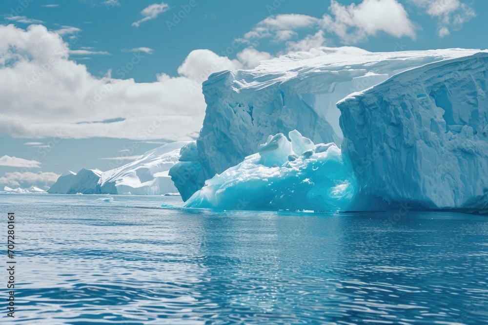 Poster a massive iceberg floating serenely in the middle of a body of water. perfect for illustrating the b