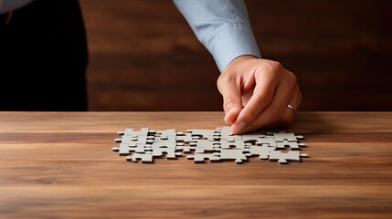 a man or woman's hand folding puzzle pieces, connecting them on a wooden table against a wall background, strategic management and business solutions for success.
