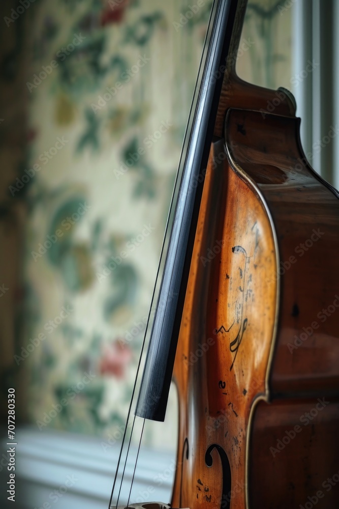 Poster A close-up view of a cello placed on a table. Suitable for music-related projects and artistic compositions