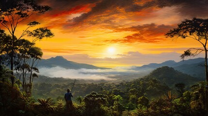 a sunrise in the jungle, a composition that highlights the vibrant colors, lush foliage, and tranquil atmosphere of this natural spectacle.