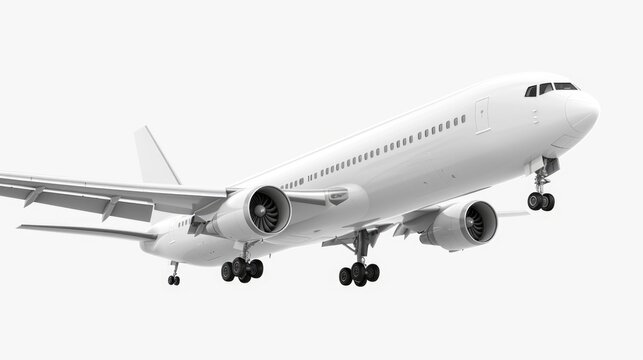 A large jetliner flying through a white sky. Perfect for travel and aviation concepts