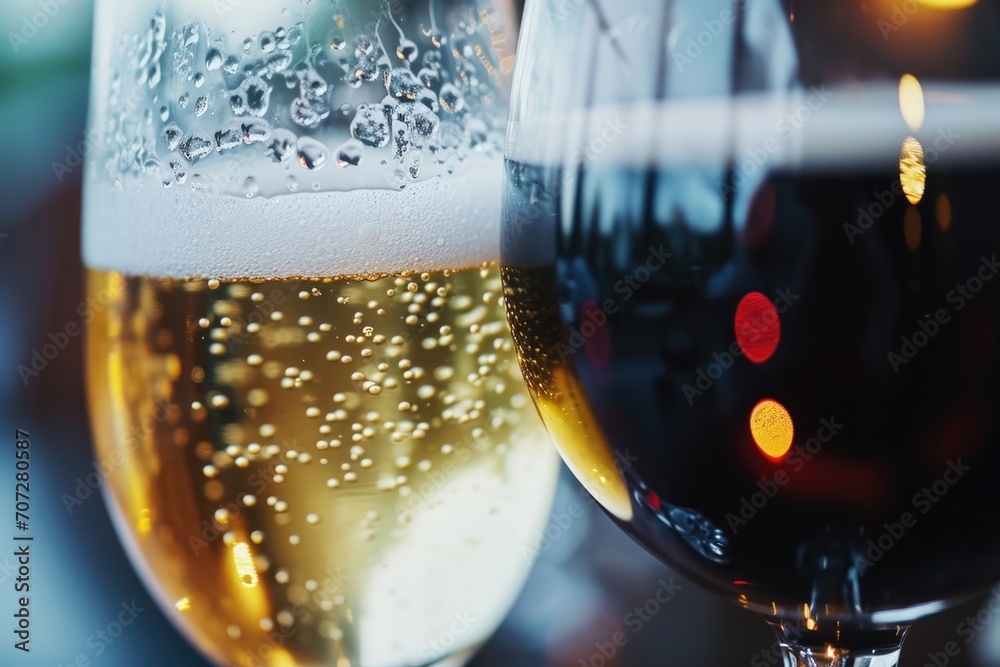 Poster two glasses of wine seen in a close-up shot. ideal for use in wine-related articles or advertisement
