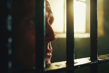 Close-up view of a person inside a jail cell. Suitable for legal, crime, justice, and incarceration themes.
