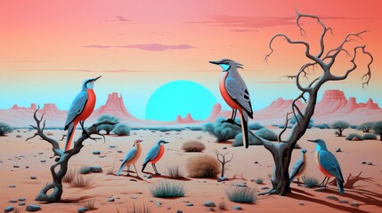 A family of sandbirds nestled together amidst a desert oasis, their vibrant plumage a striking contrast against the arid landscape.