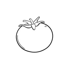 Hand drawn doodle of a tomato with a leaf on a white background.