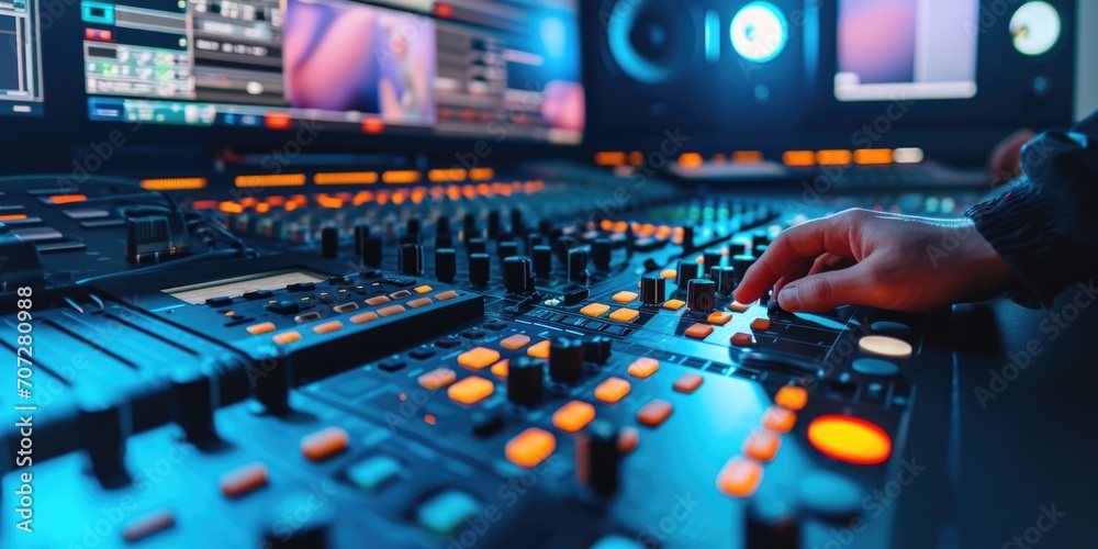 Poster a person operating a sound board. suitable for music production or live sound engineering