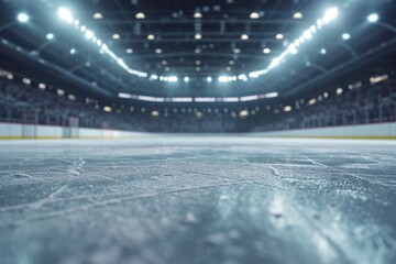 Fototapeta premium An ice hockey rink with lights in the background. Suitable for sports-related designs and publications