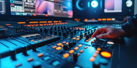 A person operating a sound board. Suitable for music production or live sound engineering