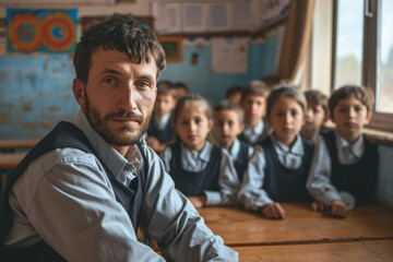 Portrait of male teacher and pupils sitting at desks in classroom. Education in high school.