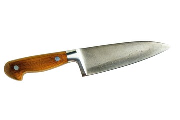 A knife with a wooden handle placed on a clean white surface. Suitable for culinary, cooking, or kitchen-related projects