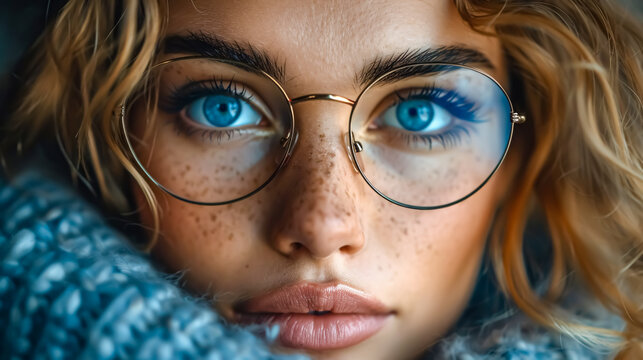Close-up portrait of a beautiful girl with blue eyes and glasses. 