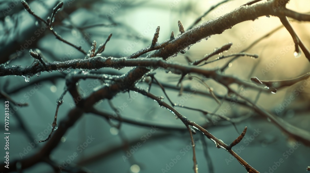 Poster A close-up view of a tree branch covered in snow. This image captures the beauty and tranquility of a winter scene. Perfect for winter-themed designs and holiday projects