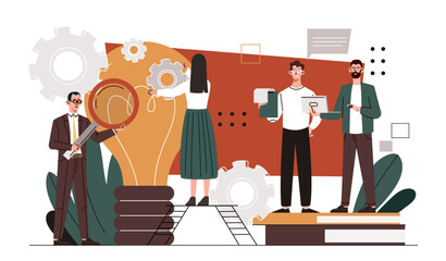 People with new ideas. Men and woman with light bulb. Colleagues and partners work at common business project and start up. Financial occupation employees. Cartoon flat vector illustration