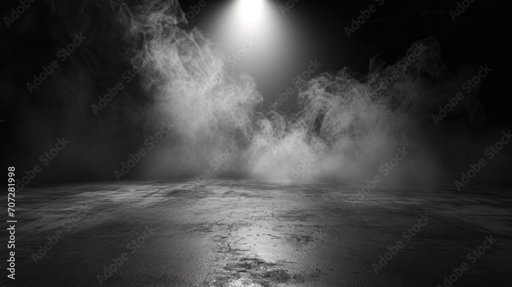 Poster a black and white photo capturing the mysterious atmosphere of a foggy area. this image can be used 