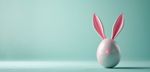 Pink ceramic egg with bunny ears on a blue background