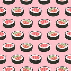 seamless pattern with sushi on pink background 