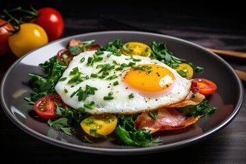 Fototapeta na wymiar Fried eggs with vegetables and herbs in plate on wooden background