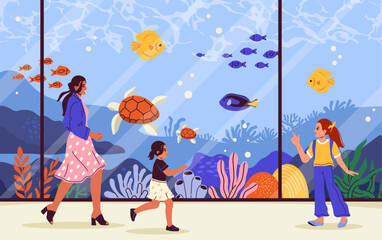 People in oceanarium concept. Woman with children look at aquarium with nautical dwellers. Fishes and turtle. Underwater animals. Girl with kids look at marine fauna. Cartoon flat vector illustration