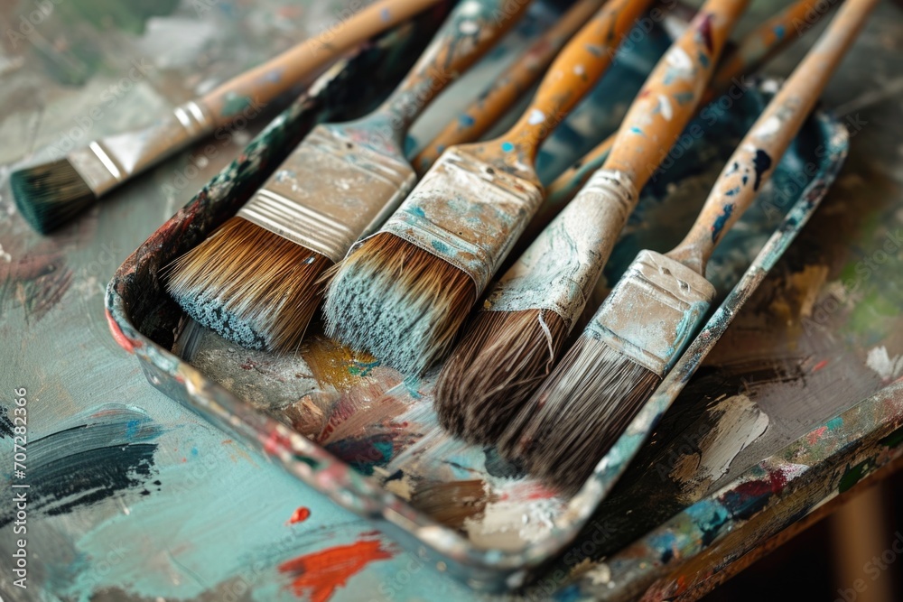 Aufkleber a collection of paint brushes neatly arranged on a table. perfect for art and craft projects