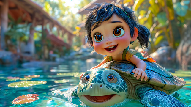 Cute little girl in the swimming pool with a turtle toy.