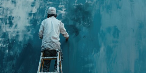 A man on a ladder painting a blue wall. Suitable for home improvement and renovation projects