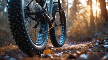A detailed view of a bicycle tire on a trail. Ideal for cycling enthusiasts and outdoor adventure promotions - obrazy, fototapety, plakaty