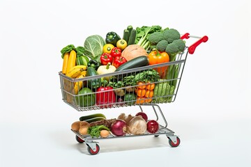 Fresh delicious vegetables in shopping cart on white background