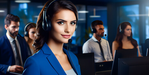 Call center operators at work. Young business wearing headset is working in service center