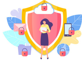 Businesswoman standing protect digital company email information, concept data antivirus cartoon vector illustration, isolated on white. Modern private problem business correspondence.