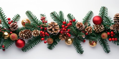 Fototapeta na wymiar A festive Christmas garland featuring pine cones, balls, and berries. Perfect for holiday decorations or adding a touch of Christmas cheer to any space