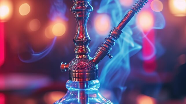 A picture of a hookah pipe with smoke rising from it, placed on top of a glass vase. This image can be used to illustrate the concept of relaxation, socializing, or cultural traditions