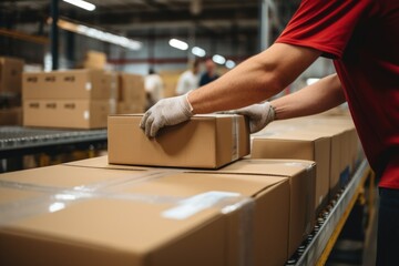 Male hands preparing cardboard box for shipment at warehouse