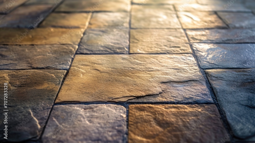 Poster Close up view of a stone floor with a fire hydrant in the background. Suitable for urban themes and safety concepts