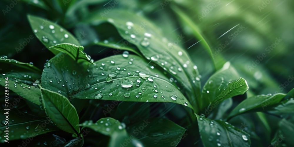 Poster a close up view of a plant with water droplets. this image captures the beauty and freshness of natu