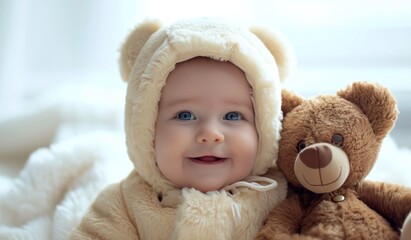 a baby dressed in a hood with a bear.