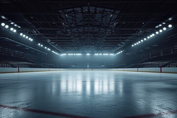 An empty hockey rink with lights illuminating the ice. Perfect for sports enthusiasts and hockey...