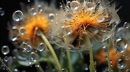 Water droplets on a yellow dandelion in the style